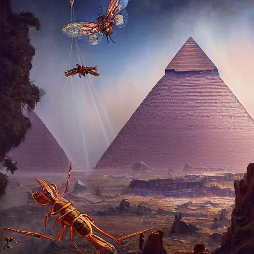 Prompt: detailed image of the god egyptian god thoth, insanely detailed oil painting, with insects and crystals deflecting light, cinematic lighting, epic composition, hyper realistic, extreme detail, esoteric symbolism, ultra high quality, 3 d render, 8 k, by tyler edlin, nasto hattori, simon stalenhag, rhads