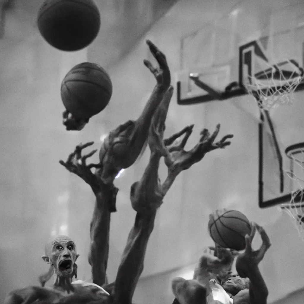 Prompt: portrait of nosferatu playing alone basketball at the nba, 1 2 0 mm lens,
