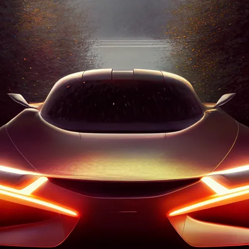 Image similar to detailed intricate digital illustration by greg rutkowski and artgerm and wlop ; 2 0 2 4 concept car electric vehicle, sharp, smooth, closeup editorial photograph ; bright, glowing, led headlights and sleek design ; sharp focus, depth of field, rain, motion blur, cinematic angle and composition, golden hour