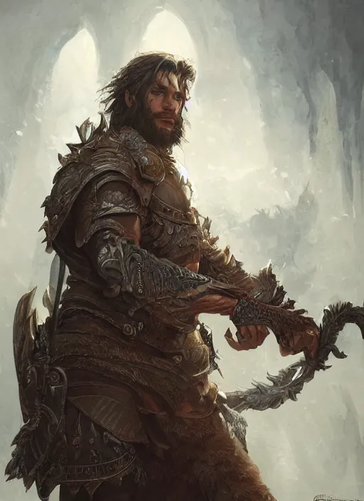 Image similar to realistic portrait painting of a male fantasy paladin brute, old mystic ruins, afternoon, intricate, elegant, highly detailed, digital painting, sharp, focus, by artgerm and greg rutkowski