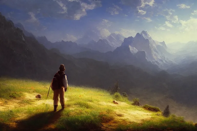 Prompt: a traveler wandering trough the mountains looking at the clouds, very detailed, oil painting, cinematic lighting, neo-romanticism, albert bierstadt, trending on artstation, colorful