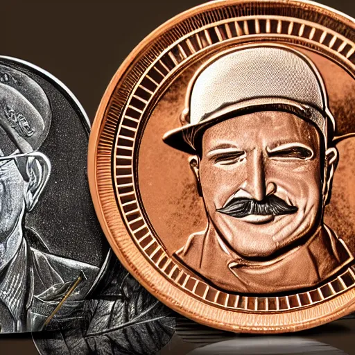 Prompt: A photograph of an unwrapped chocolate coin that is engraved with a portrait of a young leon redbone smoking a cigar and wearing a greek fisherman cap, highly detailed, close-up product photo, depth of field, sharp focus, soft lighting