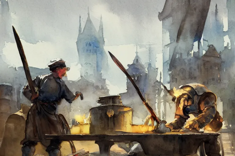 Prompt: small centered on watercolor paper, paint brush strokes, abstract watercolor painting of dirty medieval blacksmith with apron and hammer, anvil, furnace, cinematic light, national romanticism by hans dahl, by jesper ejsing, by anders zorn, by greg rutkowski, by greg manchess, by tyler edlin