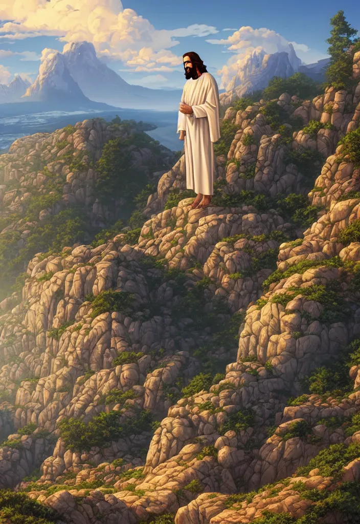 Image similar to a portrait of jesus sermon on the mount by dan mumford, yusuke murata and makoto shinkai, 8k, cel shaded, unreal engine, featured on artstation, pixiv