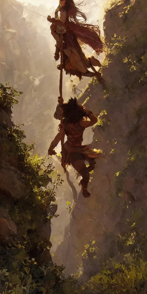 Image similar to oil art of young roma mage adventurer climbing down a cliffside in style of disco elysium character, gipsy jester character design from ravenloft, art by anders zorn, wonderful masterpiece by greg rutkowski, beautiful cinematic light, american romanticism by greg manchess, jessica rossier