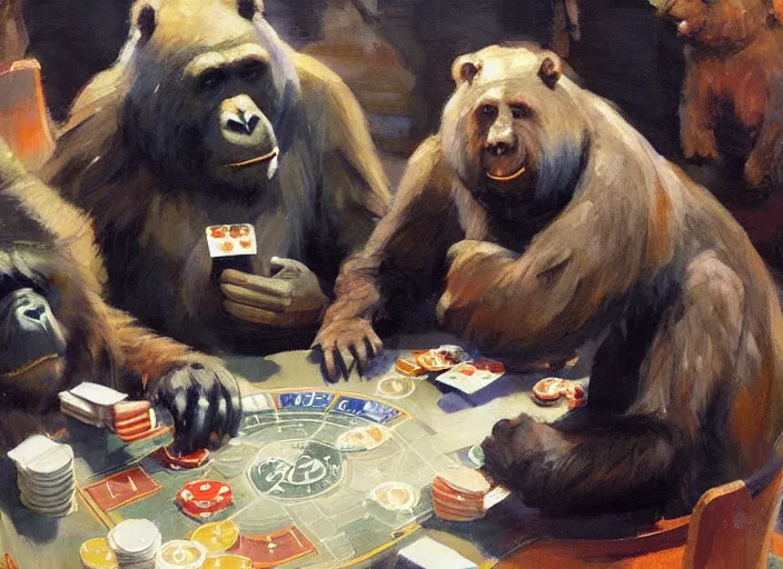 Prompt: gorrila and bear, playing poker highly detailed beautiful, by gregory manchess, james gurney, james jean