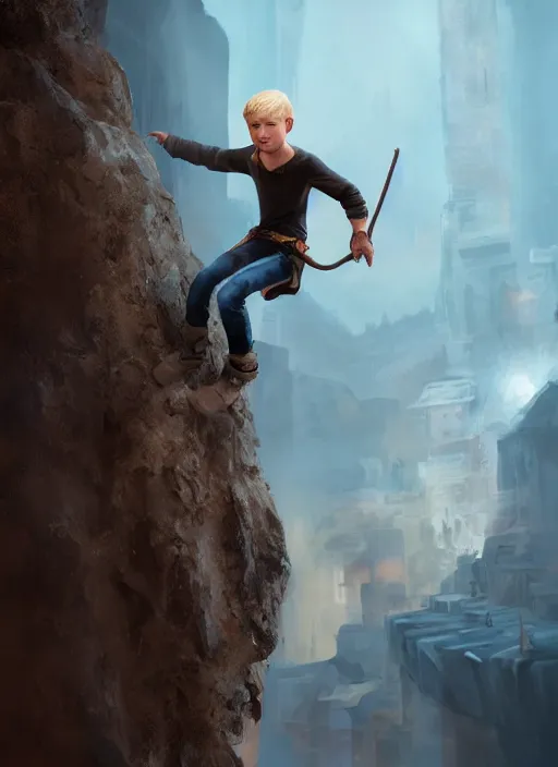 Image similar to An epic fantasy comic book style portrait painting of a young blonde boy thief climbing out of a hole, unreal 5, DAZ, hyperrealistic, octane render, cosplay, RPG portrait, dynamic lighting