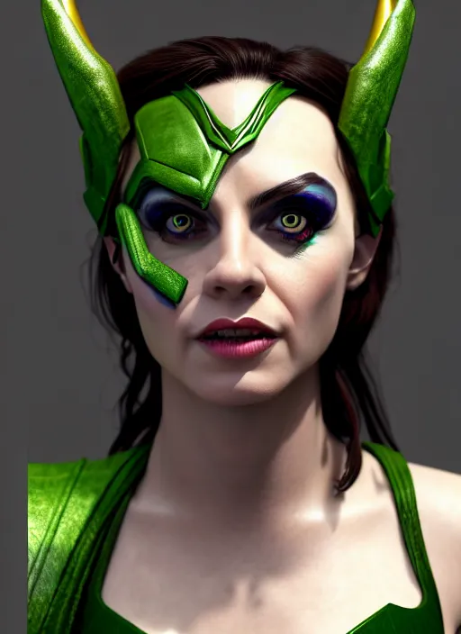 Image similar to Billie as Female Loki, Goddess of Mischief, sci fi, elegant, olive skin color, hyper realistic, hyper detail, very detailed, digital art, trending on artstation, smooth render, 8k blender render,