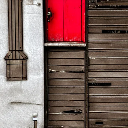 Prompt: A dark world filled with lamps, there is a single red door