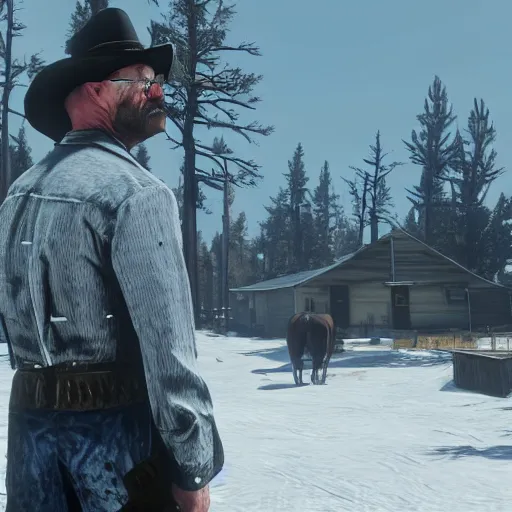 Image similar to walter white in red dead redemption 2 in game screen shot