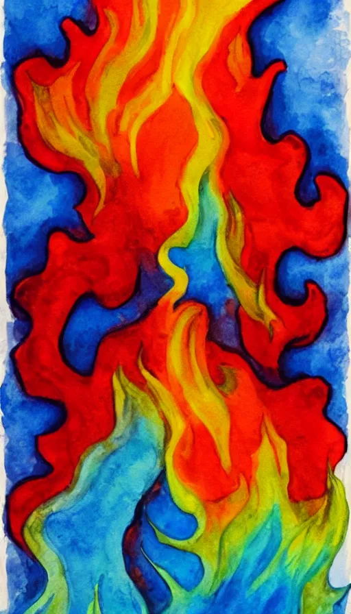 Prompt: water color painting of fire and water mixing together, conveying a sense of balance inspired by the Temperance tarot card, smooth brush strokes