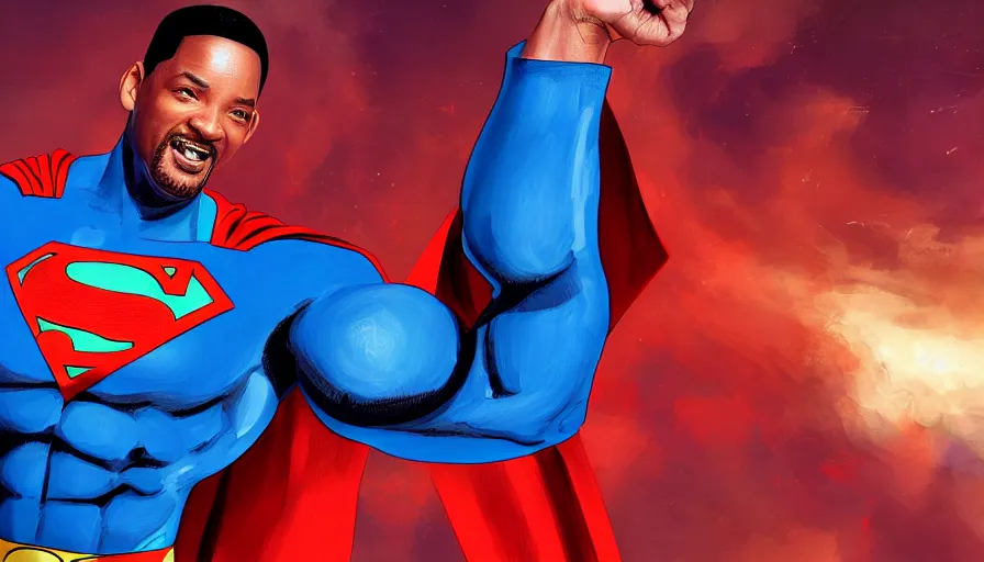 Prompt: Digital painting of Will Smith as Superman, hyperdetailed, artstation, cgsociety, 8k