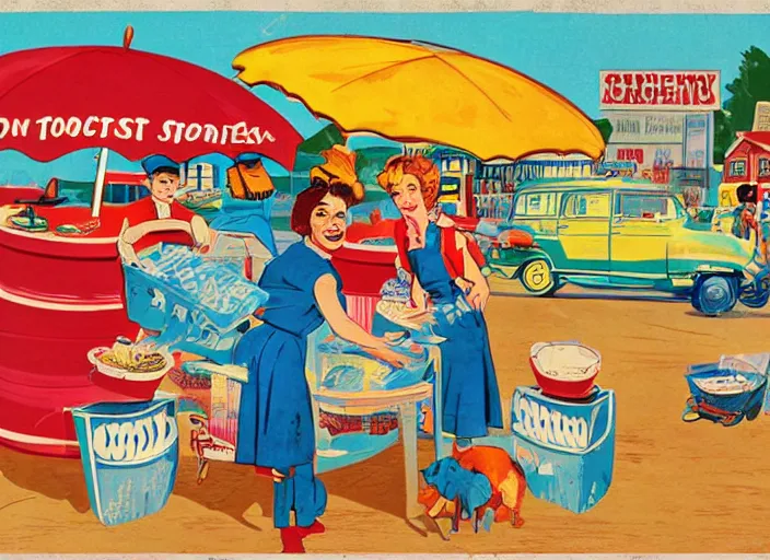 Image similar to a whimsical storybook illustration of crab sellers, 1 9 5 0 s americana tourism, lowbrow pop art style