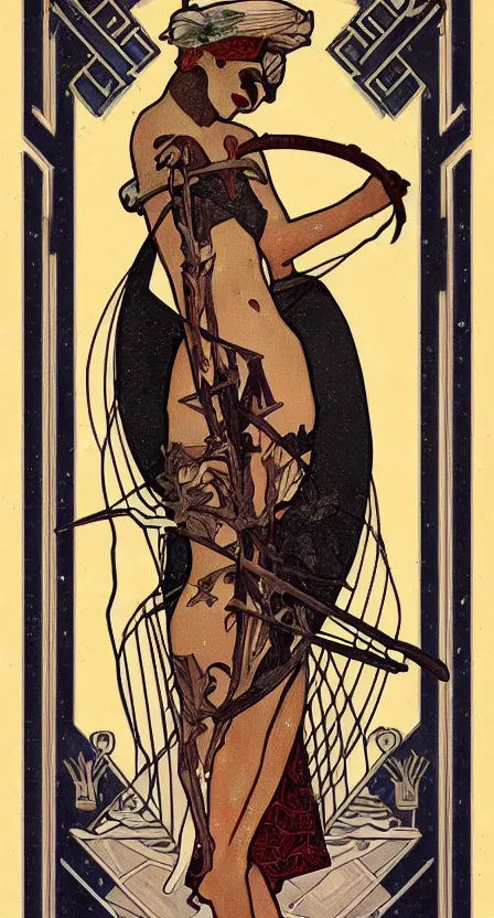 Image similar to a tarot card of death with a scythe, standing on a pile of bones. illustrated in an art deco style by tamara de lempika and an elegant border by alphonse mucha. | studio lighting | digital painting, stunning lighting, trending on artstation