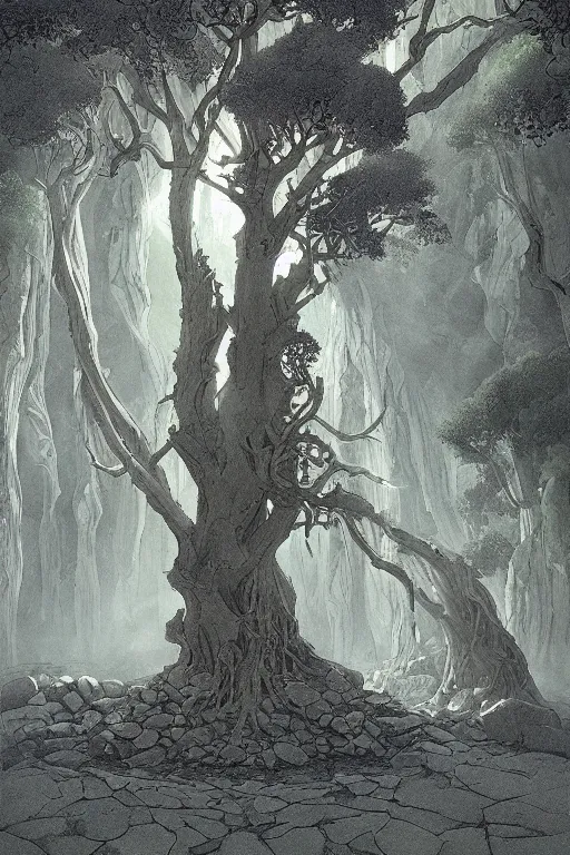 Image similar to sacred ash tree, stone temple interior, circle of power, mysterious, dramatic lighting, wide angle, highly detailed, in the style of alan lee and moebius