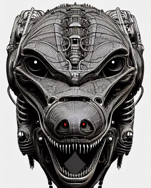 Image similar to intricate mechanical robot trex dinosaur head, transformer, symmetrical illustration, bold line symmetrical illustration by peter gric, hr giger, kim jung gi, joe fenton, scifi, screen print, trending on art station, sharp, high contrast, ultrafine hyper detailed, hd,