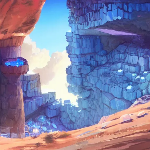 Image similar to concept art painting of a mineshaft with giant blue crystals, realistic, detailed, cel shaded, in the style of makoto shinkai and greg rutkowski and james gurney