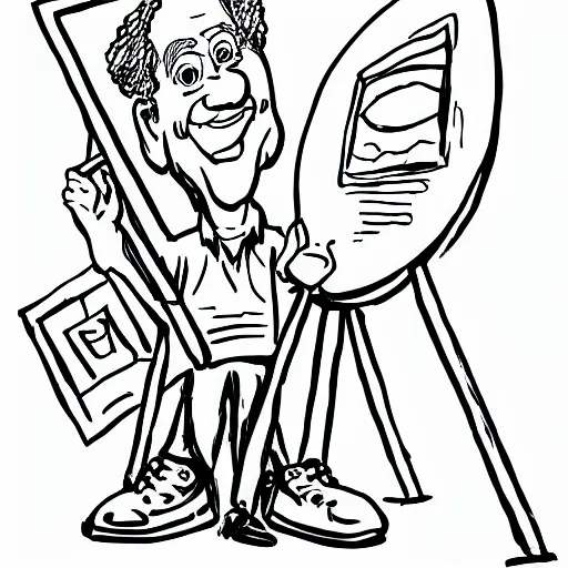 Prompt: line art drawing of a caricature of a painter with big shoes and a life site paint brush