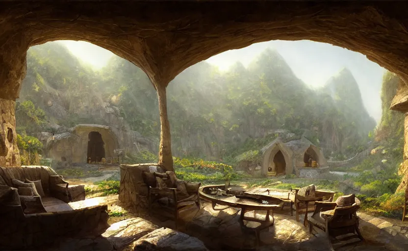 Image similar to painting of a series of living quarters overlooking communal area of a hidden, cozy ring - shaped complex carved inside a mountain, overlooking the great room, well maintained, clean, medieval, fantasy genre, natural light, fantasy, natural light, concept art, by greg rutkowski and craig mullins, cozy atmospheric and cinematic lighting, trending on artstation