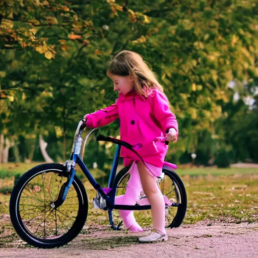 Prompt: young girl playing with bicycle