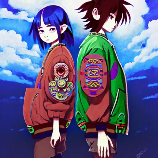 Image similar to majora majora's mask wearing oversized mayan bomber jacket with overalls, bulky poofy bomber jacket with mayan patterns, aztec street fashion, genshin impact art style, gapmoe yandere grimdark, trending on pixiv fanbox, painted by greg rutkowski makoto shinkai takashi takeuchi studio ghibli, akihiko yoshida