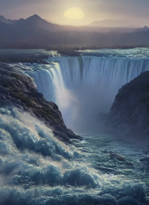 Image similar to cascade of multiple gigantic niagara falls, epic mountains in the background, early dawn, fantasy illustration, matte painting, concept art, volumetric lighting, volumetric atmosphere, morning mist, art by james gurney, unreal engine 5, 8 k