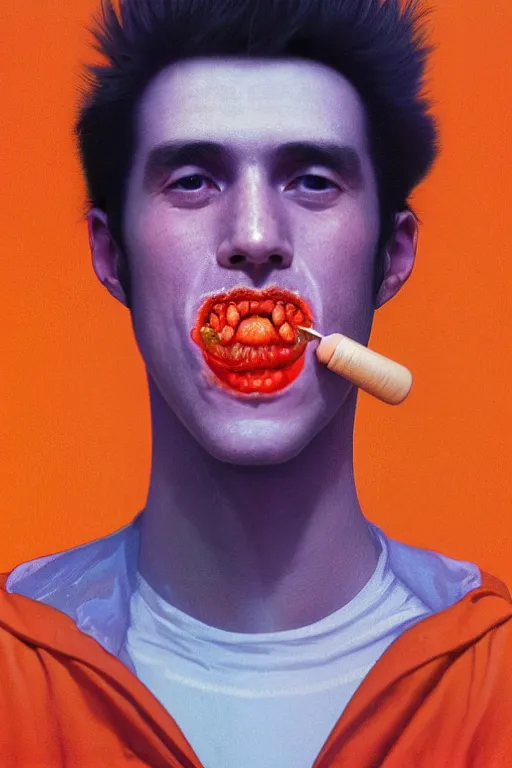 Image similar to a scifi closeup portrait of a young british man licking a blotter paper of LSD acid on his tongue and dreaming psychedelic hallucinations in cosmos, by kawase hasui, moebius, Edward Hopper and James Gilleard, Zdzislaw Beksinski, Steven Outram colorful flat surreal design, hd, 8k, artstation