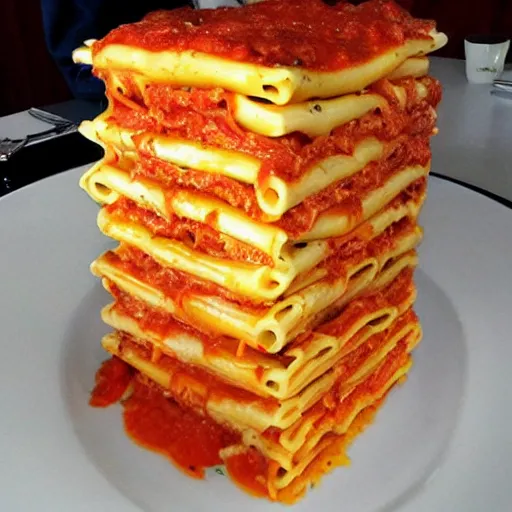 Image similar to a tower of lasagna to the sky