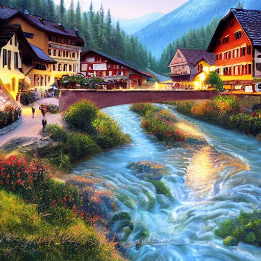 Image similar to High-Quality realist painting of a river crossing a traditional Bavarian village in a valley in the Alps at dawn, peaceful, very detailed, digital art.