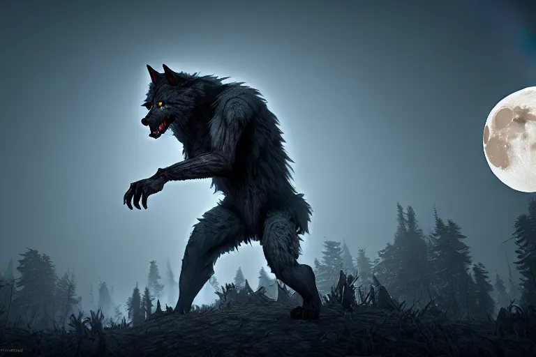 Prompt: werewolf from van helsing unreal engine hyperreallistic render 8k character concept art moon forest