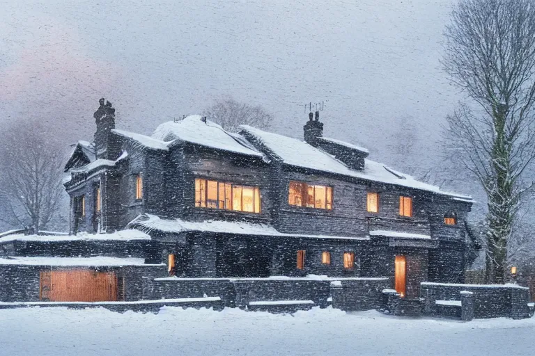 Image similar to cyberpunk, winter in the snow, an estate agent listing photo, external view of a 5 bedroom detached countryside house in the UK, by Paul Lehr