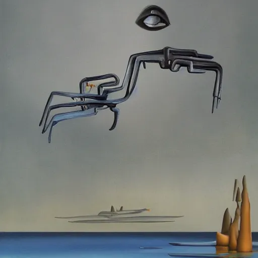 Image similar to Oil painting by Yves Tanguy. Mechanical gods with bird faces kissing. Oil painting by Lisa Yuskavage.