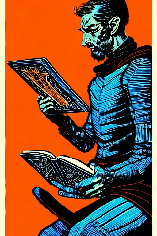 Image similar to wizard reading a book, high details, intricately detailed, by vincent di fate, inking, 3 color screen print, masterpiece, trending on artstation,, sharp, details, hyper - detailed, hd, 4 k, 8 k