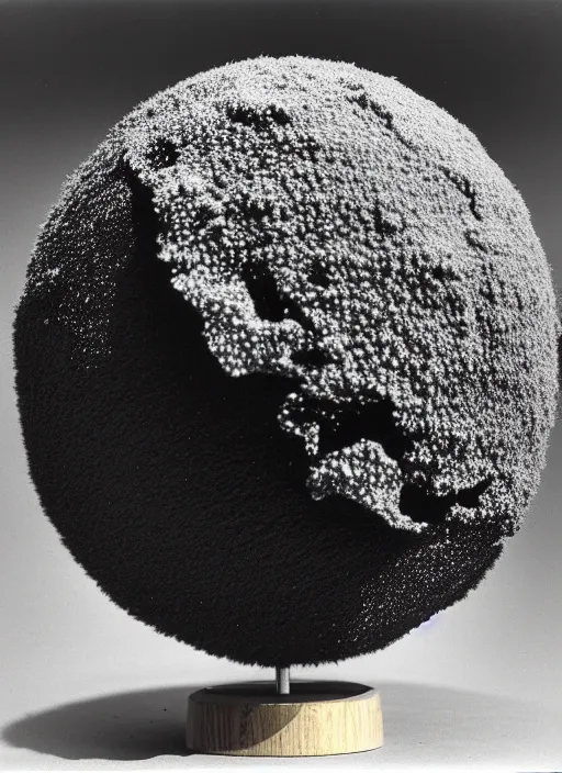 Image similar to realistic photo of a scientific model of an ugly rough fluffy hairy molecule globe made of black clay covered with white dots with wooden details, front view 1 9 9 0, life magazine reportage photo, metropolitan museum photo