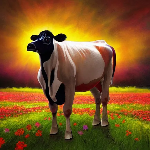 Image similar to a fantasy artwork of a cow in a field of glowing flowers, godlen light shines on the cow