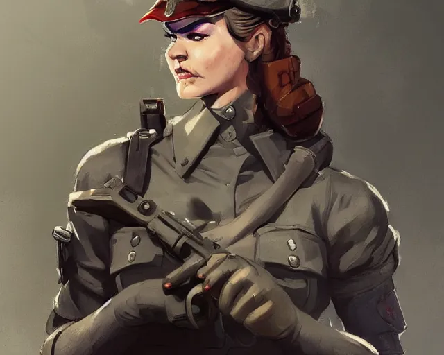 Image similar to portrait of a buff female ww ii soldier in team fortress 2 style, epic, tragic, dark fantasy art, fantasy, pretty, hd shot, digital portrait, beautiful, artstation, comic style, by artgerm, guy denning, jakub rozalski, magali villeneuve and charlie bowater