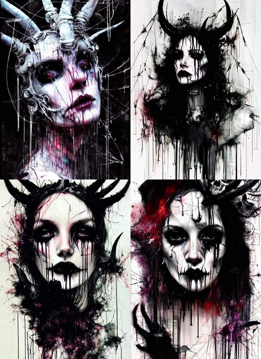 Prompt: a beautiful illustration of a satanic witch with horns in head, skulls, wires cybernetic implants, machine noir grimcore in cyberspace photoreal, atmospheric by jeremy mann francis bacon and agnes cecile, ink drips paint smears digital glitches