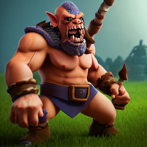 Image similar to barbarian goblin hybrid, clash royale, clash of clans, barbarian goblin hybrid clash of clans, clash royale, concept art, octane render, unreal engine 5, highly detailed, high quality, 8 k, soft lighting, realistic face, path traced