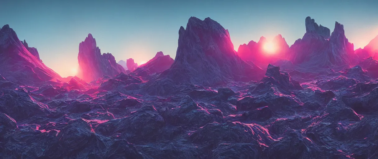 Prompt: alien landscape, epic mountains, chrome, neon, cobalt, sunset, misty, strange plants, 4 k, photoshop, photorealistic