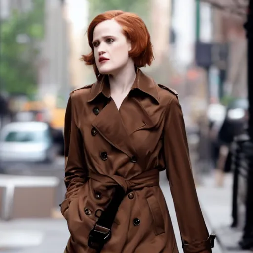 Image similar to movie still of evan rachel wood with dark brown long hair with bangs wearing a trench coat walking in new york city