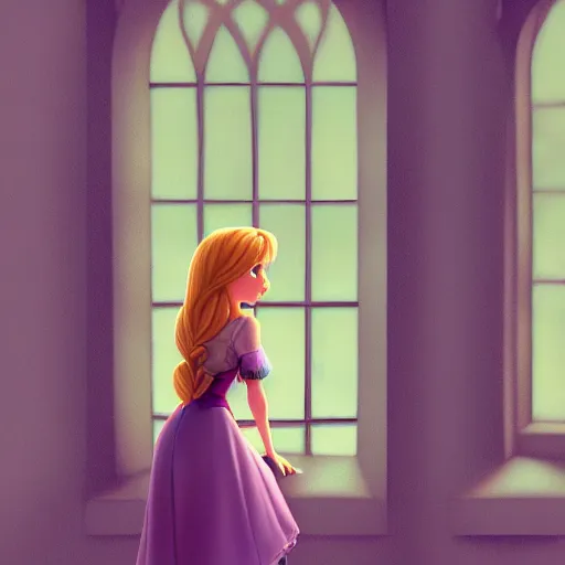 Image similar to rapunzel sadly looking out tower window, artstation, pixar.