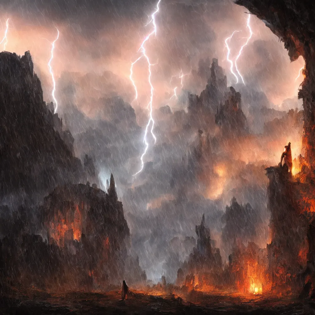 Image similar to a still of a cloaked figure standing in the ruins of crux prime, monastery, there is lightning, blue fiery maelstrom in the distance, it is raining, digital art, artstationhq