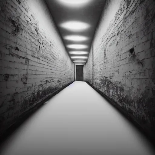 Image similar to a robed shadowy girl floating at the end of a long abandoned hallway. Dark grey lighting, blurry, terrifying, eerie, creepy, blurry