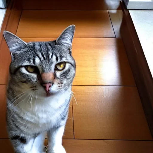 Image similar to gigantic fat cat blocking the doorway, annoyed human staring at the giant cat blocking the door