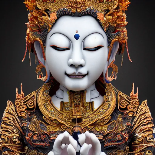 Image similar to naraka buddhist demon korean female, highly detailed, symmetrical long head, smooth marble surfaces, detailed ink illustration, raiden metal gear, cinematic smooth stone, deep aesthetic, concept art, post process, 4 k, carved marble texture and silk cloth, latex skin, highly ornate intricate details, in the style of 8 8 grzes