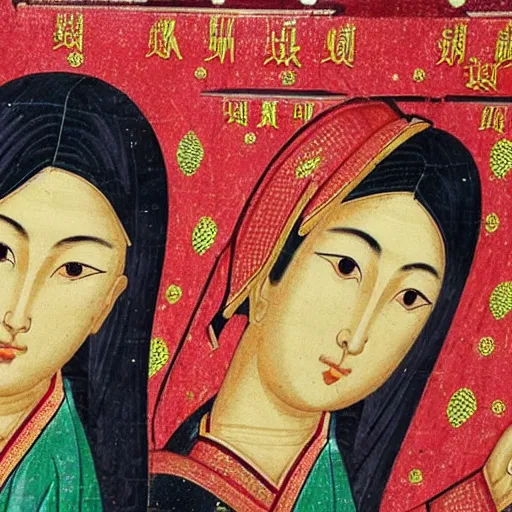 Prompt: portrait of 2 different asian looking girls close up looking at each other in iconography style theophanes the greek glitter chinese ornament dress