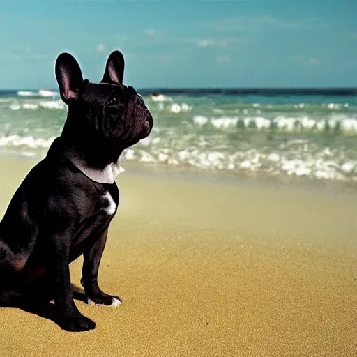 Prompt: black french bulldog in the beach, studio ghibli