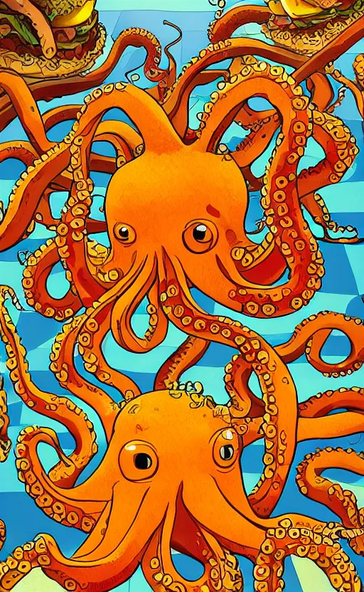 Image similar to highly detailed illustration of octopus attacking a cheeseburger, poster, symmetrical, 8 k, trending on artstation