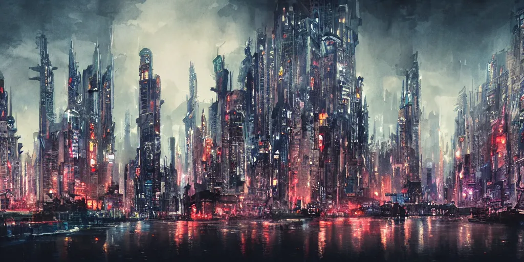 Image similar to cartoonish night city skyline, vivid colors, character sheet, fine details, concept design, contrast, noir film, kim jung gi, greg rutkowski, watercolor, trending on artstation, 8 k, full body, turnaround, front view, back view, ultra wide angle