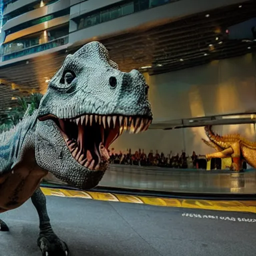 Prompt: a dinosaur terrorizes Singapore